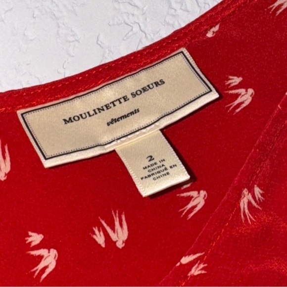 Women's Anthropologie Moulinette Soeurs Scarlet Red Dress with Ivory Bird Motif - Picture 7 of 10